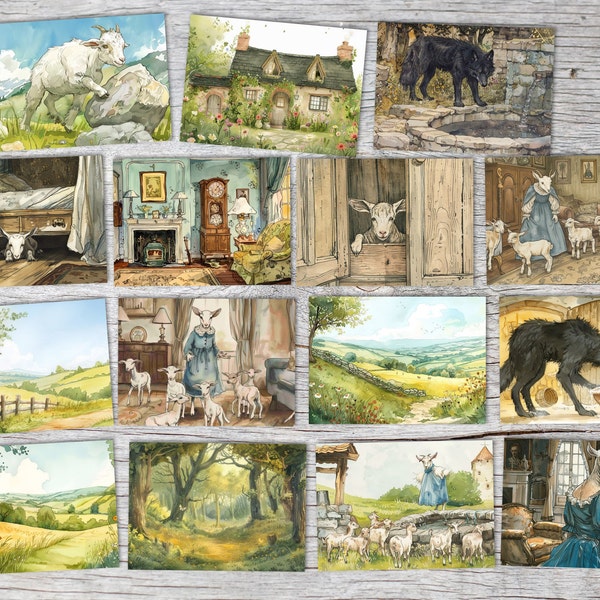 Der Wolf und die sieben jungen Geißlein Karten Set A6 (15 Cards) Illustriertes Märchen I von den Brüdern Grimm im Original I Vintage Karten