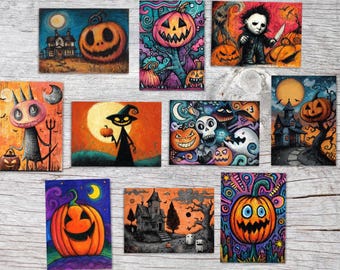 Halloween Card Set – 10 Spooky Cute Postcards A6 | Pumpkin, Ghost Haunted House Designs | Halloween Decor Greeting Cards