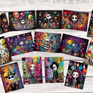 Conjunto de cartão de aniversário assustador (14 cartões) | Cartões de aniversário assustadores artísticos | Mensagem  Tim Burton