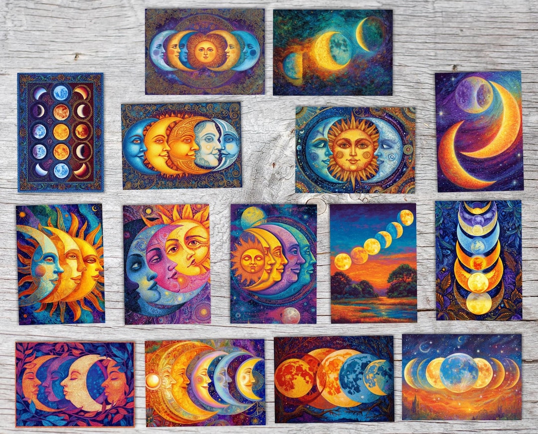Moon Phase Card Set – 15 Celestial Postcards A6 | Sun Moon Cosmic Art ...