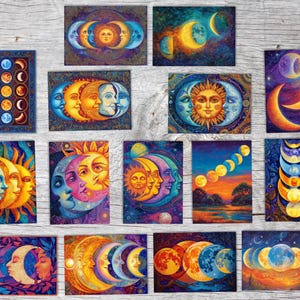Könnte beinhalten: Eine Sammlung farbenfroher Kunstdrucke mit himmlischen Themen. Jeder Druck zeigt Mondphasen, Sonne und Mondgesichter in leuchtenden Farben von Blau, Orange, Gelb und Lila. Das Kunstwerk hat einen mystischen und künstlerischen Stil.