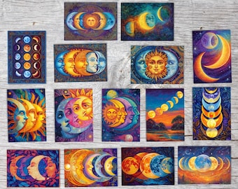 Moon Phase Card Set – 15 Celestial Postcards A6 | Sun Moon Cosmic Art | Spiritual Astrology Card Set