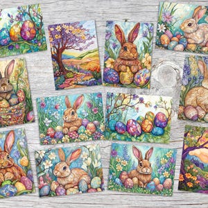 Conjunto de cartões de felicitações de Páscoa (12 cartões) | Coelhinhos da Páscoa e flores em aguarela | Prenda | Decoração de parede