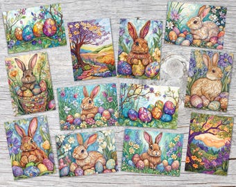 Easter greeting card set (12 cards) | Easter bunnies and flowers in watercolor look | gift | wall decoration | postcards, folded card Easter