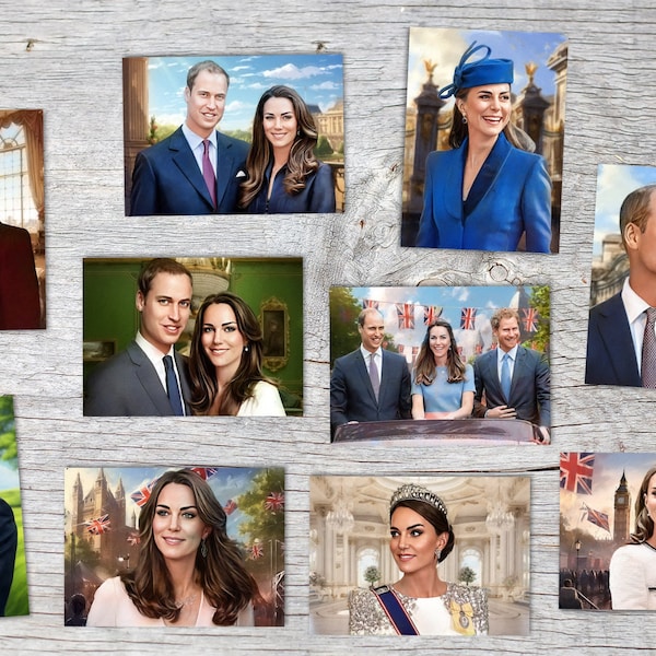 Prince William & Kate Postcards A6 Set (10 Cards) Royals I Painting I Royal Family I Prince William and Kate Middleton