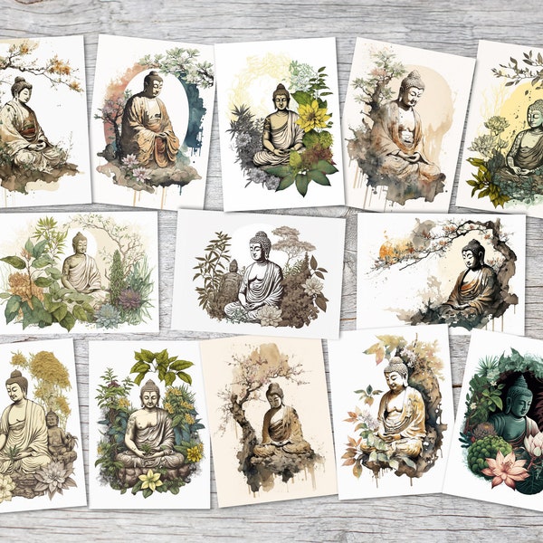 Ensemble de cartes de méditation Bouddha (14 cartes) | Cartes de vœux Mandala | Neutre | décoration murale | Aquarelle I murale Bouddha