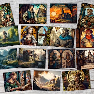 Rumpelstiltskin Set de cartes A6 (15 Cards) Conte illustré Stained Glass I des frères Grimm en version originale comme set artistique