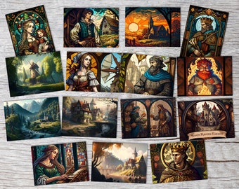 May include: A set of 12 stained glass style illustrations featuring various scenes, including a windmill, a castle, a tavern, and a king. The illustrations are framed in a dark wood and have a vintage aesthetic.