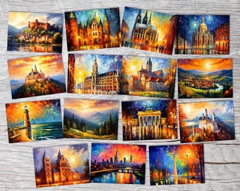 Set de postales turísticas de Alemania A6 (15 postales) Hermosa Alemania I Los lugares más bellos, castillos, iglesias, ciudades, naturaleza
