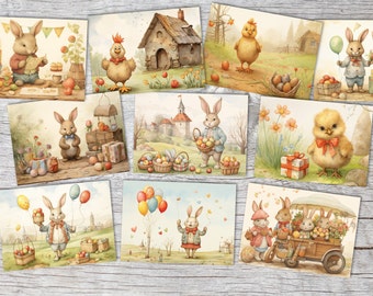 Ostern Kinder und Osterhasen Karten Set (10 Karten) | Märchenhafte Ostern | Geschenk | kinderbuch Zeichnungen Osterhase Ostereier