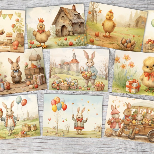 Ostern Kinder und Osterhasen Karten Set (10 Karten) | Märchenhafte Ostern | Geschenk | kinderbuch Zeichnungen Osterhase Ostereier