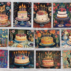 Set de cartes d'anniversaire avec gâteau & chats - 12 cartes de vœux colorées au format A6 | Cartes postales pliables | Style vintage