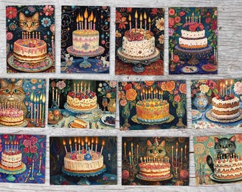 Geburtstagskarten Set mit Kuchen & Katzen – 12 bunte Grußkarten im A6 Format | Postkarten Klappkarten | Vintage Stil | Deko Geschenk