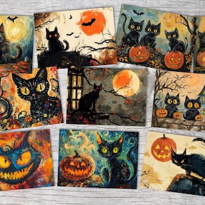Halloween Chat Set de cartes - 10 cartes de vœux artistiques | Spooky Cartes postales pliables | Gothique Idée Cadeau Chats Halloween drôle
