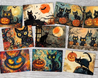 Halloween cat card set - 10 artistic greeting cards A6 | Spooky postcards folding cards | Gothic gift idea cats Halloween funny