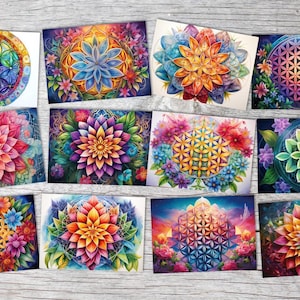 Conjunto de cartões coloridos da Flor da Vida (12 cartões) | Flor da Vida | Presente | Decoração de parede | Quadro Deco Espiritual
