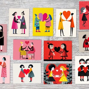 Peut inclure: Une collection de cartes de vœux illustrées représentant des couples tenant des cœurs. Les cartes présentent diverses palettes de couleurs et styles, avec des personnages en robes et manteaux. Le thème général est l'amour et les relations, idéal pour la Saint-Valentin ou les anniversaires.