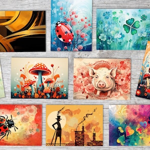 Cartões da sorte 2025 Conjunto de cartões postais A6 (10 cartões) Símbolos da sorte para presentear e decorar I Cartões da sorte artísticos
