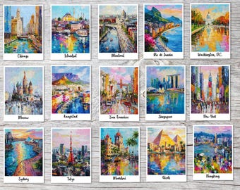 World Cities Postcard Set – 15 A6 Impressionist Cards | New York Tokyo Rio Sydney Travel Art Prints