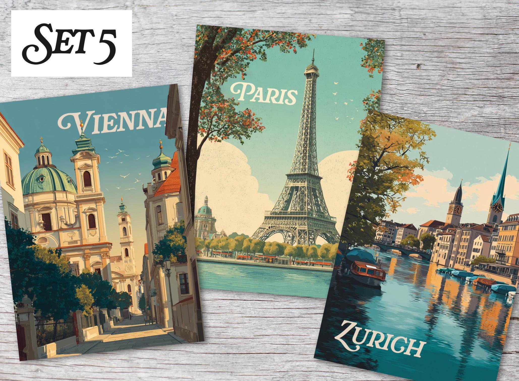 Vintage Postcard Set Europe – 15 City Illustrations in Retro Style, A6 ...
