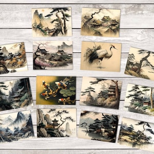 はがき A6 セット (14 枚) 日本の風景 グリーティング カード I Tinte、インク、日本美術、アジア、アート、日本の村
