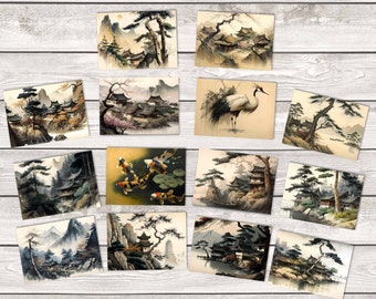 Könnte beinhalten: Ein Set mit 12 Aquarellbildern mit japanisch inspirierten Szenen. Die Bilder zeigen traditionelle japanische Architektur, Landschaften und Tiere wie Kraniche und Koi-Karpfen. Die Bilder sind in einer weichen, gedeckten Farbpalette gehalten und wirken beruhigend und friedlich.