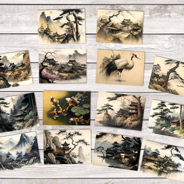 Cartes Postales A6 Set (14 Cartes) Paysages Japonais Cartes de Voeux I Tinte, Encre, Art Japonais, Asiatique, Art, Villages Japonais