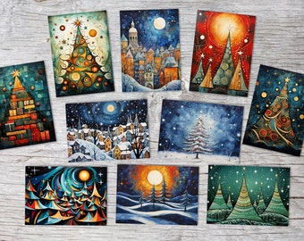 Christmas Greeting Cards Set V2 (10 cards) | Artistic Christmas Cards | Gift | Card with Greeting Message | Postcard or Folded Card
