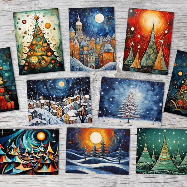 Christmas Greeting Cards Set V2 (10 cards) | Artistic Christmas Cards | Gift | Card with Greeting Message | Postcard or Folded Card