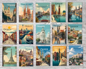 Set di cartoline vintage Europa – 15 illustrazioni di città in stile retrò, cartoline A6 o biglietti pieghevoli, idea regalo, mappe della città, viaggi