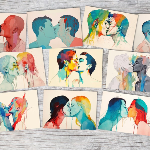 LOVE is LOVE Postkarten A6 Set (10 Cards) A Kiss for Love Gay Queer Hetero Trans LGBTQ+ Edition I Kunstvolle Pride Karten I Kuss der Liebe