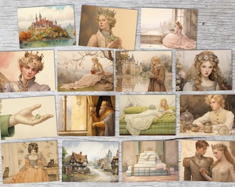 The Princess and the Pea Set A6 (15 Cards) artfully illustrated fairy tale I by H.C. Andersen in the original as an artful set.