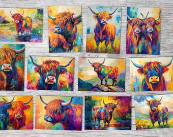 Hochland Kühe Postkarten A6 Set (12 Cards)  I Grußkarten und Geburtstagskarten I Farbenfrohe Highland Cattle Cows Coo
