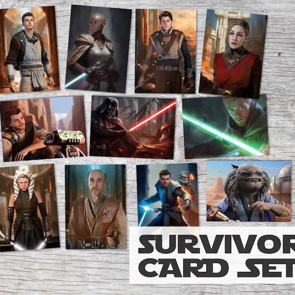Ansichtkaartenset (12 kaarten) Star Wars Survivor I digitaal schilderij I Gevallen Orde I Jedi Cal Kestis en BD-1