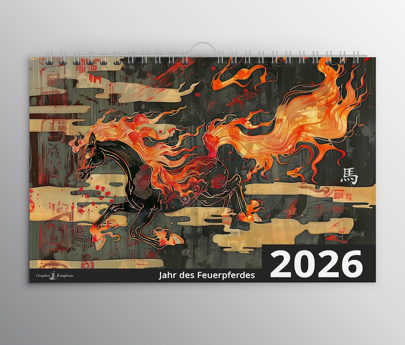 May include: A calendar featuring a black horse with fiery orange mane and tail, set against a dark background with abstract shapes. The text "2026" is prominently displayed, along with the words "Jahr des Feuerpferdes" and a Japanese character.
