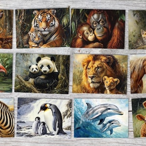 Cartes de vœux animales A6 Set - 12 motifs d'animaux avec leurs petits | Cartes postales & cartes pliables | Motifs naturels pour enfants