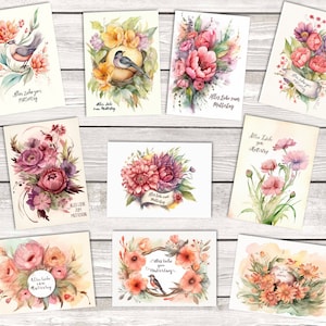 Aquarell Muttertagskarten Grußkarten Set (10 Karten) | Kunstvolle Muttertagskarten - im Set oder Einzeln | Blumen-Karten im Aquarell