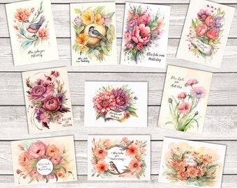 Aquarell Muttertagskarten Grußkarten Set (10 Karten) | Kunstvolle Muttertagskarten - im Set oder Einzeln | Blumen-Karten im Aquarell