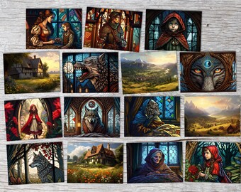 Little Red Riding Hood (15 Cards) Illustrated Fairy Tale Stained Glass I by the Brothers Grimm in the original as an artistic set