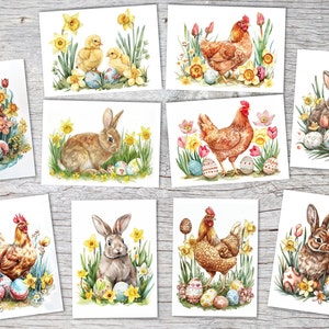 Set di biglietti d'auguri di Pasqua (10 carte) | Conigli pasquali, pulcini, tulipani e fiori | regalo | decorazione murale