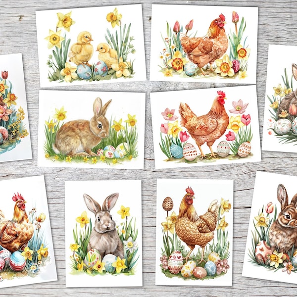 Jeu de cartes de vœux de Pâques (10 cartes) | Lapins de Pâques, poussins, tulipes et fleurs | cadeau | décoration murale