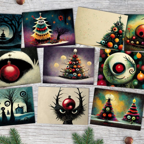 Jeu de cartes de vœux de Noël effrayantes (10 cartes) | Cartes de Noël fantasmagoriques ornées | Carte message d'accueil | Style Tim Burton