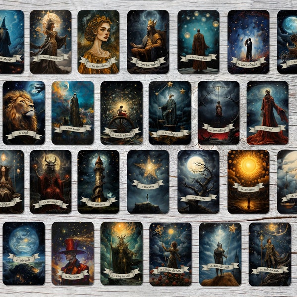 Star tarot cards in a set (78 cards) | tarot deck with 78 tarot cards in three sizes | available in German and English | matt color print