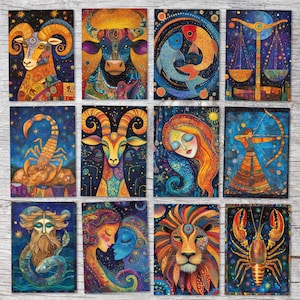 Signes du zodiaque cartes postales A6 set (12 Cards) I Cartes de voeux et cartes d'anniversaire I Capricorne, Poissons, Gémeaux, Lion...