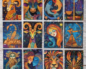 Zodiac Postcards A6 Set (12 Cards) I Greeting Cards and Birthday Cards I Capricorn, Pisces, Gemini, Leo, Virgo, Star Dots
