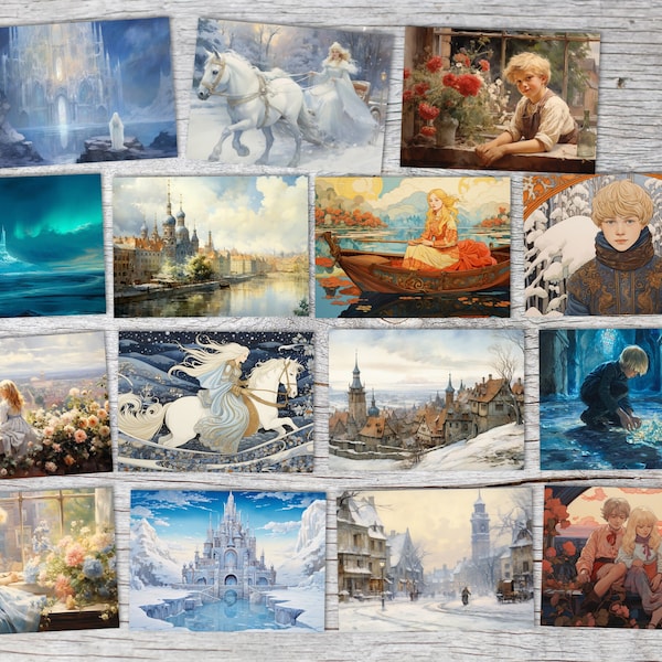 The Snow Queen (15 Cards) Illustrated winter fairy tale I by H.C. Andersen in the original as an artistic set I The Ice Queen original