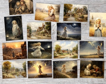 Star Money - Card Set A6 (15 Cards) Illustrated fairy tale in Biedermeier style I by the Gimm brothers in the original as an artistic set.