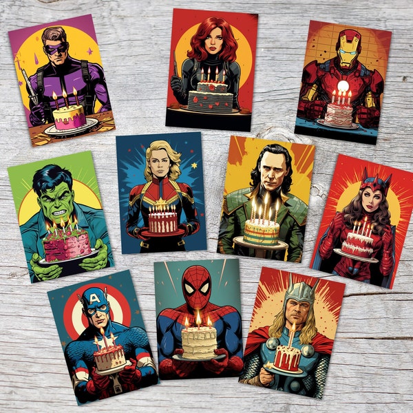 Comic Style Birthday Cards Avangers - Greeting Card Set (10 Cards) | Comic Heroes Look | Postcard or Folded Card | PopArt