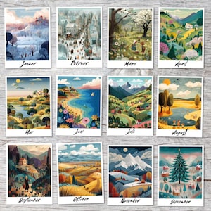 Set di cartoline Seasons (12 pezzi) – Biglietti mensili da gennaio a dicembre, stile Polaroid, biglietti calendario, decorazioni, regalo – tedesco e inglese