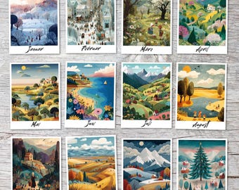 Set de postales de las estaciones (12 piezas): tarjetas mensuales de enero a diciembre, estilo Polaroid, tarjetas de calendario, decoración, regalo (alemán e inglés)